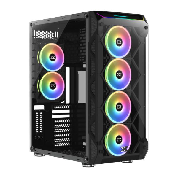 Xigmatek Overtake ATX Mid Tower Case – Black | 3-Side Tempered Glass Panels | Pre-installed with 6 Rainbow RGB Fans