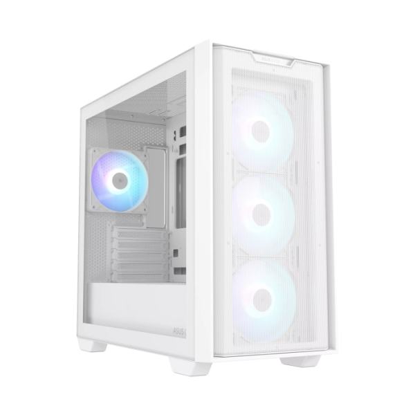 Asus A21 Plus Micro ATX Case – WHITE - with a glass side panel and 4 built-in ARGB fans for cooling and stylish lighting.