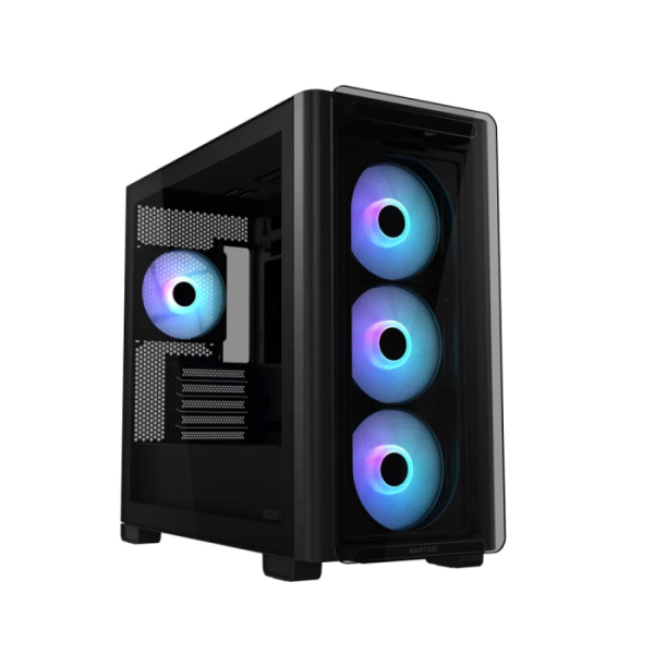 Asus A23 Plus Mid Tower Case – Black - with front and side tempered glass panels and includes 4 built-in RGB fans for cooling and lighting.