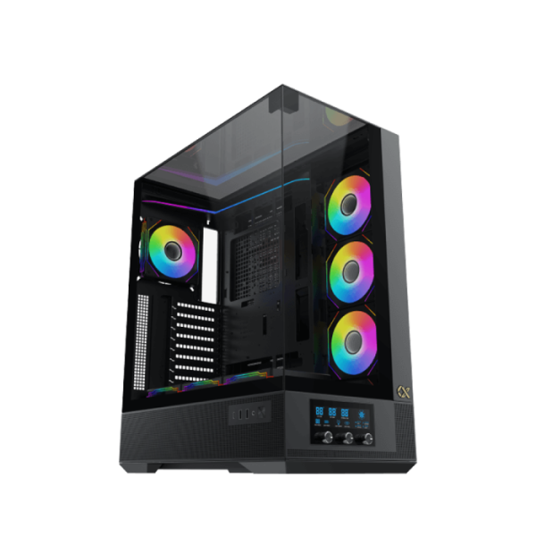 Xigmatek Vision Pro Mid-Tower Case – LCD Display with Front, Top & Left Tempered Glass Panels, Includes 8 ARGB Fans – Black