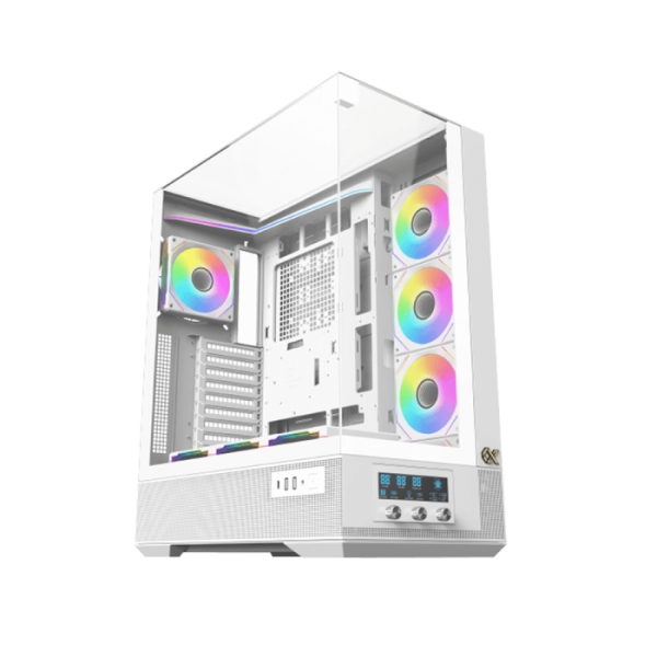 Xigmatek Vision Pro Arctic Mid-Tower Case – White - LCD Display | Three Tempered Glass Panels | 8 Pre-installed ARGB Fans