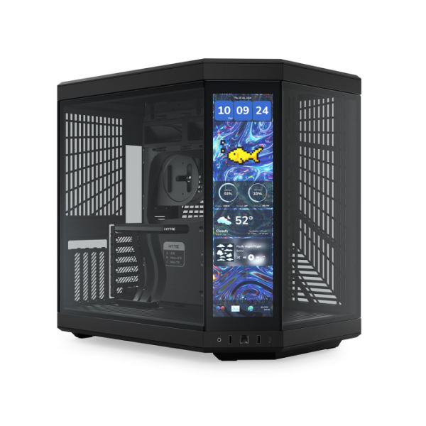 HYTE Y70 TOUCH INFINITE - BLACK — 14.5" touchscreen mid-tower case featuring two tempered glass panels on the front and left side.
