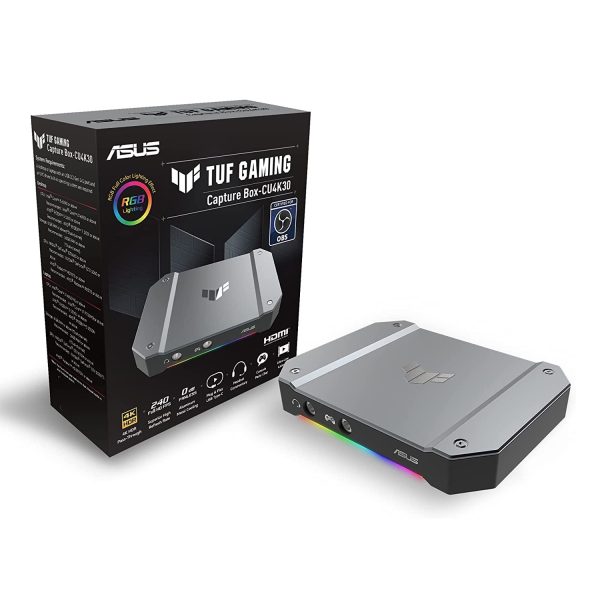 Asus TUF Gaming Capture Box CU4K30 supports 4K resolution, 240 FPS FHD capture, plug-and-play USB Type-C, console party chat, and features RGB lighting.