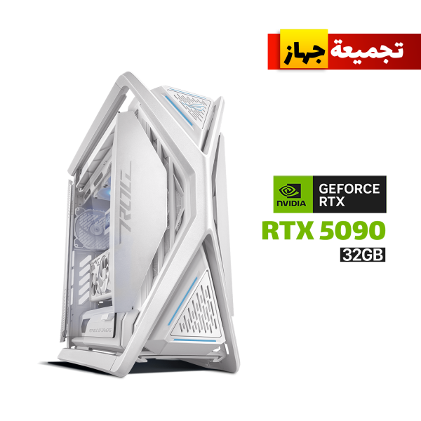 Gaming PC with Ryzen 9 9950X3D, ROG Strix X870-A WiFi 7, 96GB FURY Renegade RGB RAM, Samsung 2TB Gen-5 + 2TB 990 PRO SSDs, ROG Astral RTX 5090 Dhahab 32GB GPU, ROG Thor 1000W Platinum PSU, ROG Ryujin III 360 White Cooler, Lian-Li Strimers, and ROG Hyperion GR701 ARGB Case.