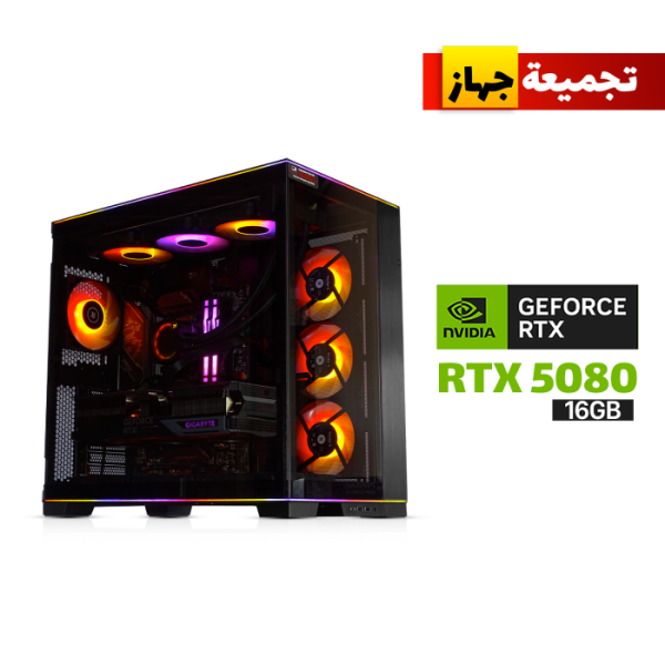 Gaming PC with Intel i9-14900K, ROG STRIX Z790 HERO BTF Motherboard, 64GB DDR5 (6000) RAM, Dual 2TB Gen-4 SSDs (7250MB/s), RTX 5080 16GB GPU, Lian Li Galahad II LCD 360 Liquid Cooler, Corsair 1200W Gold PSU, Lian Li O11 Dynamic EVO RGB Case, 6x Lian Li LCD Fans + Single Fan, and Lian Li RGB Strimers for GPU and Motherboard.