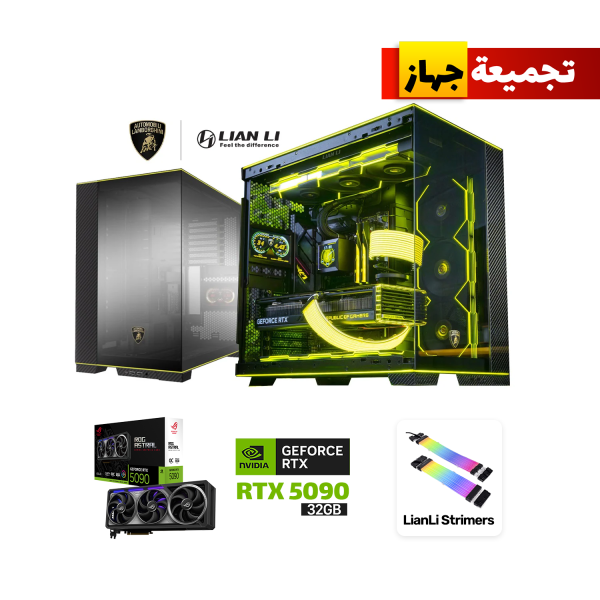 Gaming PC with Intel i9-14900K, ROG STRIX Z790 HERO Motherboard, 128GB Dominator Platinum DDR5 RAM (6400MHz), Samsung 990 PRO 4TB SSD, ASUS ROG Astral RTX 5090 GPU, ROG Ryujin L360 Extreme Liquid Cooler, ROG Thor P2 1600W Gold PSU, 6x Lian Li LCD Fans, Lian Li O11D Evo Lamborghini Edition Case, and Windows 11 Pro.