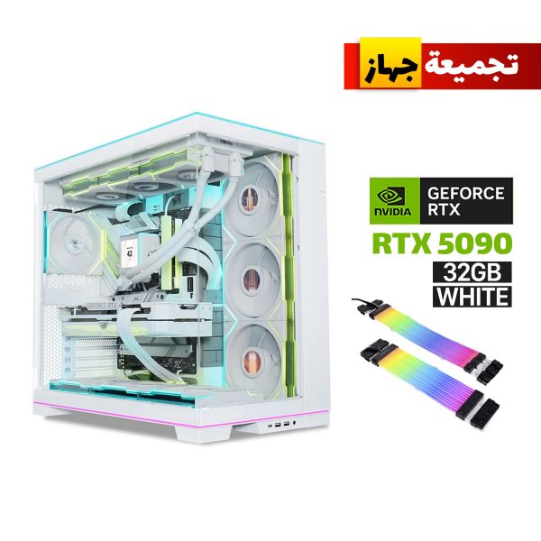 Gaming PC with Ryzen 9 9950X3D CPU, GIGABYTE X870 Motherboard, 96GB FURY RGB RAM, Dual Samsung 2TB NVMe SSDs, GIGABYTE RTX 5090 32GB White GPU, ROG Thor 1200W Platinum PSU, Lian Li 360R Liquid Cooler, 6x Lian Li ARGB Fans, Strimer Cables, Lian Li O11 Dynamic EVO Case, and Windows 11 Pro.