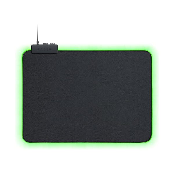 Razer Goliathus Chroma Gaming Mousepad features customizable Chroma RGB lighting, soft cloth surface for balanced control and speed, with a non-slip rubber base in black.