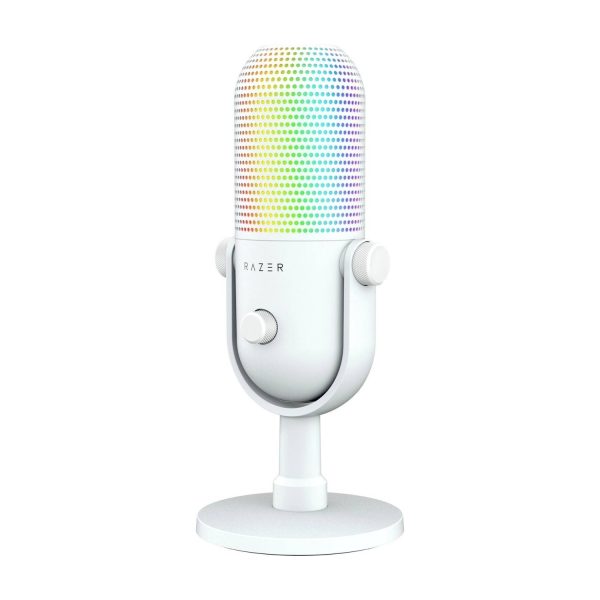 Razer Seiren V3 Chroma RGB USB Microphone, with stream-reactive lighting, tap-to-mute, condenser capsule, digital gain limiter, and built-in shock absorber - White