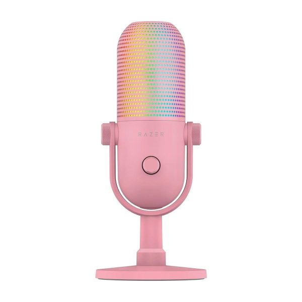 Razer Seiren V3 Chroma RGB USB Microphone, with stream-reactive lighting, tap-to-mute, condenser capsule, digital gain limiter, and built-in shock absorber - Quartz