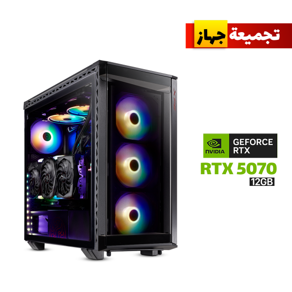 Gaming PC with AMD Ryzen 5 9600X, B650 Motherboard, 32GB DDR5 RAM, 1TB NVMe SSD, RTX 5070 12GB, AZZA L240 Liquid Cooler, 750W Gold PSU, XPG Battlecruiser Case with 4x RGB Fans, and Windows 11 Pro.