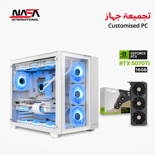 Intel Core i7-14700K, ASUS Prime Z790-P WiFi, G.SKILL 32GB DDR5 (White), Kingston 2TB SSD, ZOTAC RTX 5070 Ti 16GB (White), ASUS Prime LC 360mm LCD Liquid Cooler (White), Huntkey 850W PSU, Huntkey 7-Fan Case (White).