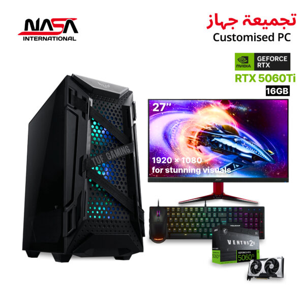 Gaming PC Intel i7-12700F, MSI B760M Bomber WiFi, 32GB DDR5 RAM, 1TB M.2 SSD, MSI Ventus 2X RTX 5060 Ti 16GB, 360mm Liquid Cooler, 850W 80+ PSU, ASUS TUF GT301 Black Case With Acer Nitro KG272 165Hz FHD Monitor 27", Cougar Gaming Keyboard & Mouse Combo.