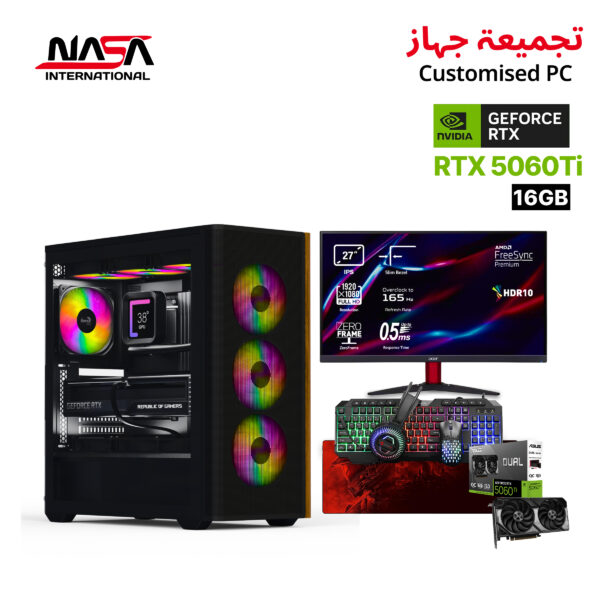 i5-14400F, Asus Prime H610M-K-ARGB, 16GB DDR5 RAM, 1TB M.2 SSD, Asus Dual 5060Ti 16GB, 750W PSU, Aerocool D501A-G V2 Case, Acer Nitro 27" KG272 Monitor, GameOn 4-in-1 Gaming Bundle, Windows 11 Pro