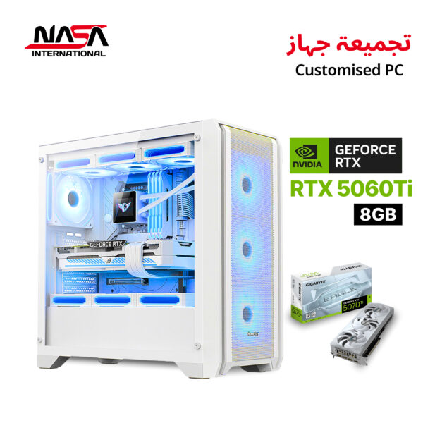 AMD Ryzen 5 9600X, Gigabyte B850M D3SH ICE, 16 GB DDR5 RGB RAM (White), 1 TB M.2 SSD, Gigabyte RTX 5060 Ti 8 GB Eagle OC (White), L360 Liquid Cooler (White), 850W PSU (White), Huntkey 4-Fan Case (White).