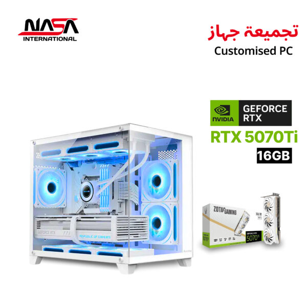 AMD Ryzen 7 9800X3D, MSI B850 Gaming Plus WiFi6E (White), 32 GB DDR5 RGB RAM (White), 2 TB M.2 SSD, Zotac RTX 5070 Ti 16 GB (White), Corsair iCUE H150i RGB Elite Liquid Cooler (White), 1000W PSU (White), Huntkey 7-Fan Case (White).