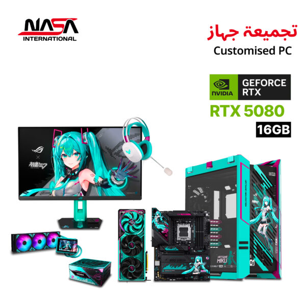 AMD R7-9800X3D, Asus ROG Strix X870E-H Miku Edition Motherboard, 32GB DDR5 (RGB) RAM, Samsung 990 Pro 2TB M.2 SSD, Asus ROG Astral RTX 5080 16GB Miku Edition GPU, Asus ROG Ryuo IV 360 Miku Edition Liquid Cooler, Asus ROG Thor 1200W Platinum III Miku Edition PSU, Asus ROG Strix Helios II Miku Edition Case, Asus ROG Strix XG27ACMEG-G 27" Miku Edition Monitor, Asus ROG Strix Arion Miku Edition SSD Enclosure.