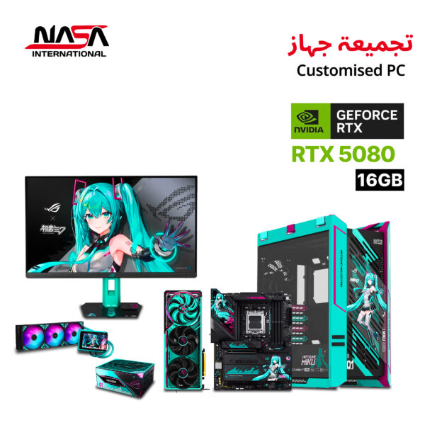 AMD R9-9950X3D, Asus ROG Strix X870E-H Miku Edition Motherboard, 64GB DDR5 (RGB) RAM, Samsung 990 Pro 2TB M.2 SSD, Asus ROG Astral RTX 5080 16GB Miku Edition GPU, Asus ROG Ryuo IV 360 Miku Edition Liquid Cooler, Asus ROG Thor 1200W Platinum III Miku Edition PSU, Asus ROG Strix Helios II Miku Edition Case, Asus ROG Strix XG27ACMEG-G 27" Miku Edition Monitor, Asus ROG Strix Arion Miku Edition SSD Enclosure.