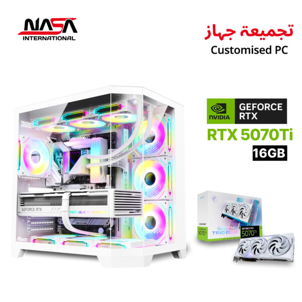 Intel Core i7-14700F, Asus Z790-P WiFi motherboard, 32GB DDR5 White RAM, 2TB M.2 SSD, MSI Gaming Trio RTX 5070 Ti 16GB White GPU, L360 White Liquid Cooler, 850W White PSU, and Huntkey White Case with 7 fans, WIN 11 Pro