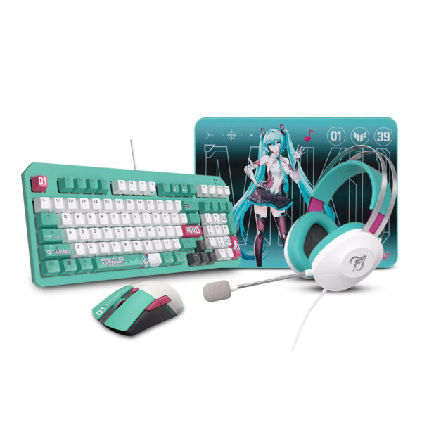 Asus TUF Gaming x Hatsune Miku Edition – H1 Gen II Wired Headset, K3 Gen II Wired Gaming Keyboard, Mini Wireless Mouse, and P1 Mouse Pad.