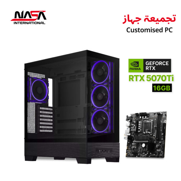 Intel Core i7-14700K Gaming PC with MSI B760M Bomber WiFi motherboard, 32GB DDR5 RAM, 1TB M.2 SSD, RTX 5070 Ti 16GB graphics, L360 liquid cooling, 850W PSU, Asus A31 Plus case, and Windows 11 Pro.