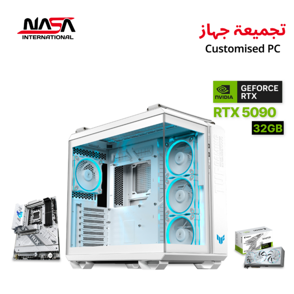 AMD Ryzen 7 9800X3D gaming PC with ASUS ROG Strix X870-A Gaming WiFi motherboard, 32GB DDR5 RAM (White), 2TB M.2 SSD, AORUS Master RTX 5090 32GB (White), ASUS TUF LC III 360mm liquid cooler (White), ASUS TUF 1000W Gold PSU (White), ASUS GT502 Horizon case (White), and Lian Li RGB Strimmers for VGA & motherboard.