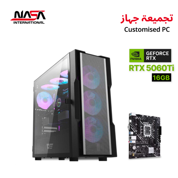 Intel Core i5-14400F gaming PC with ASUS Prime H610M-K ARGB motherboard, 16GB DDR5 RAM, 1TB M.2 SSD, RTX 5060 Ti 16GB graphics, 240mm liquid CPU cooler, 750W PSU, and DarkFlash DK431 black case.