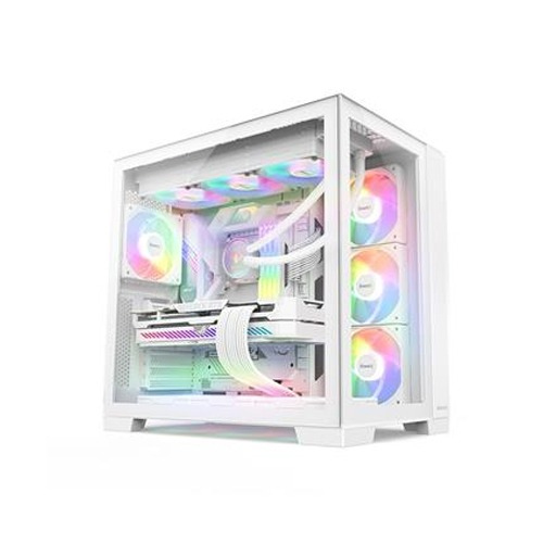 Huntkey Appolo Max ATX Mid-Tower Gaming Case with Front & Left Tempered Glass Panels, Dual-Chamber Cooling, Up to 360mm Radiator Support, and 7 Pre-Installed RGB Fans – White