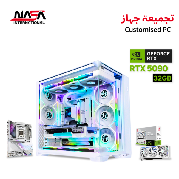 AMD Ryzen 9 9950X3D gaming PC with X870E AORUS Master X3D ICE motherboard, 64GB DDR5 RAM (White), 2TB M.2 SSD, ASUS ROG Astral RTX 5090 32GB (White), ASUS ROG Ryujin 360 Extreme liquid cooler (White), Corsair 1200W PSU (White), Lian Li O11 Vision Compact case (White), Lian Li UNI FAN TL LCD 120 (2 packs), and Lian Li Strimmer cables for motherboard and GPU.