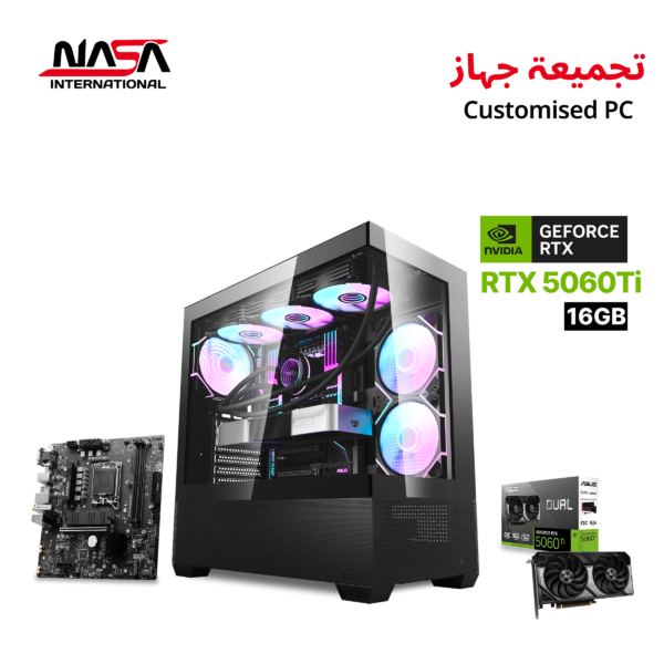 Intel Core i5-14400F gaming PC with MSI B760M Bomber WiFi motherboard, 16GB DDR5 RAM, 1TB M.2 SSD, ASUS Dual RTX 5060 Ti 16GB graphics, 240mm liquid cooler, 850W PSU, DarkFlash DS900 Air black case, and Windows 11 Pro.