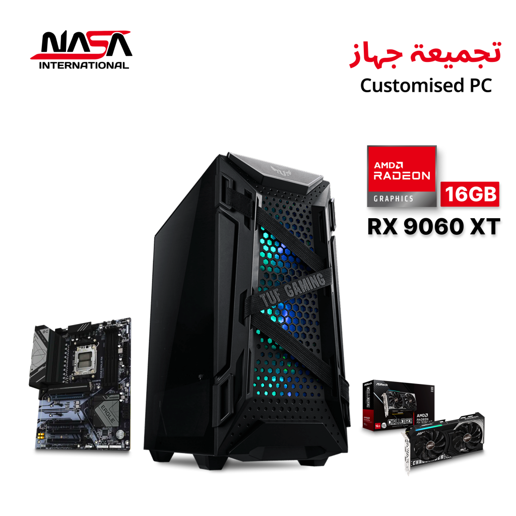 Gaming PC with AMD Ryzen 5 9600X processor, ASRock RX 9060 XT Challenger 16GB GPU, 32GB DDR5 RAM and 1TB M.2 SSD.