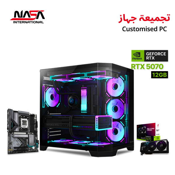 High-end gaming PC with AMD Ryzen 7 9700X processor, ASUS ROG STRIX RTX 5070 12GB GPU, 32GB DDR5 RAM and 1TB M.2 SSD.