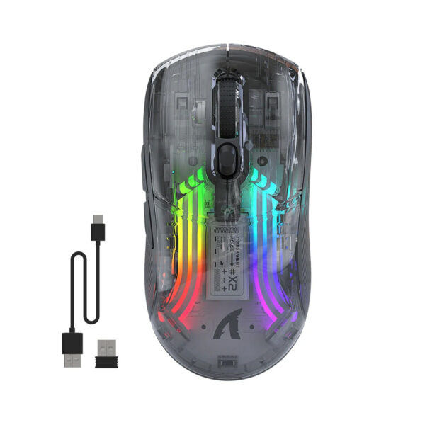Attack Shark X2 semi-transparent RGB gaming mouse with wired, 2.4GHz, and Bluetooth connectivity - Black.