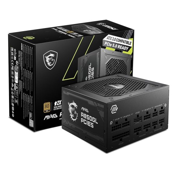 MSI MAG A850GL PCIE5 850W 80+ Gold fully modular power supply unit with black casing and cooling fan.
