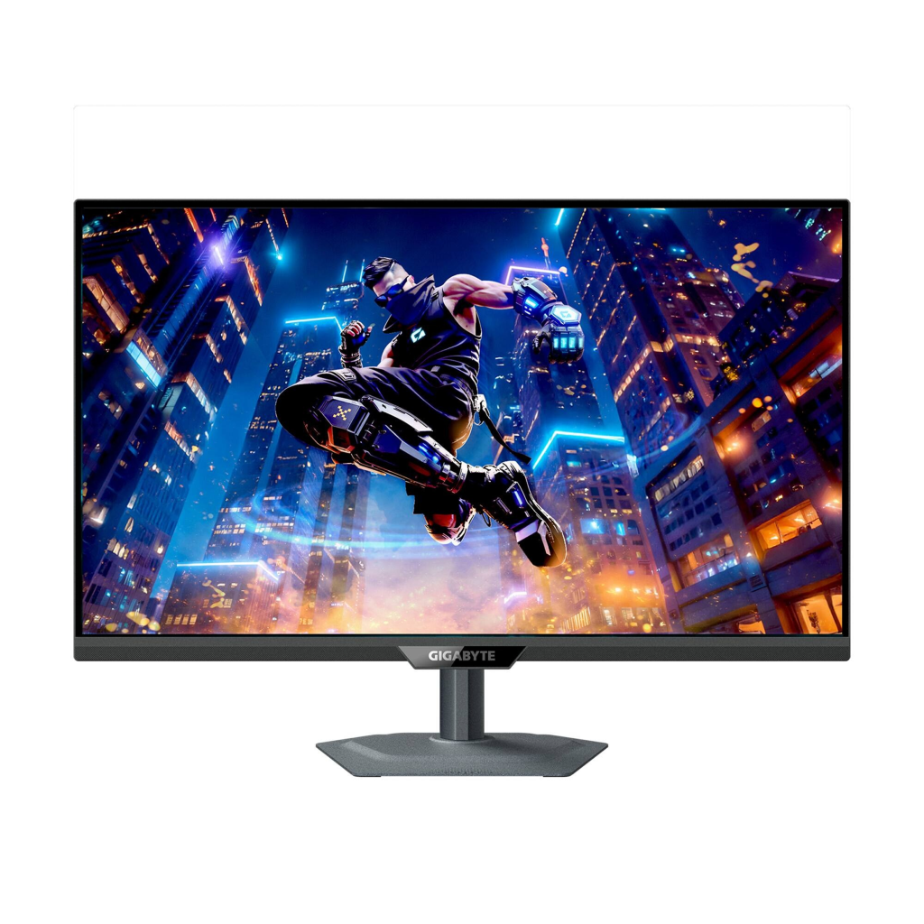 Front view of Gigabyte M27UP 27-inch UHD gaming monitor in black, showing the display screen.