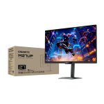 Front-right view of Gigabyte M27UP 27-inch UHD gaming monitor with retail box in black.
