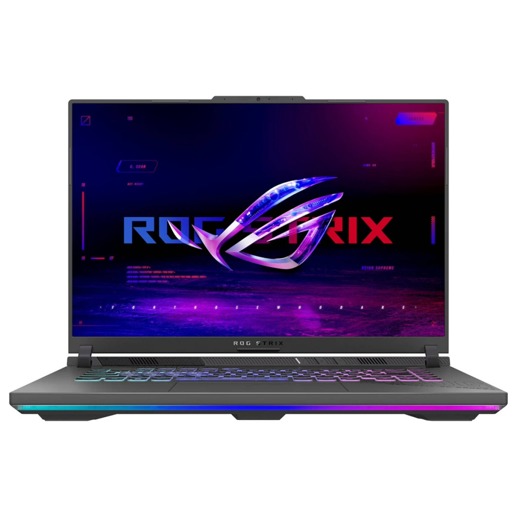 Front view of ASUS ROG Strix G16 16-inch FHD gaming laptop in gray, open and displaying screen.
