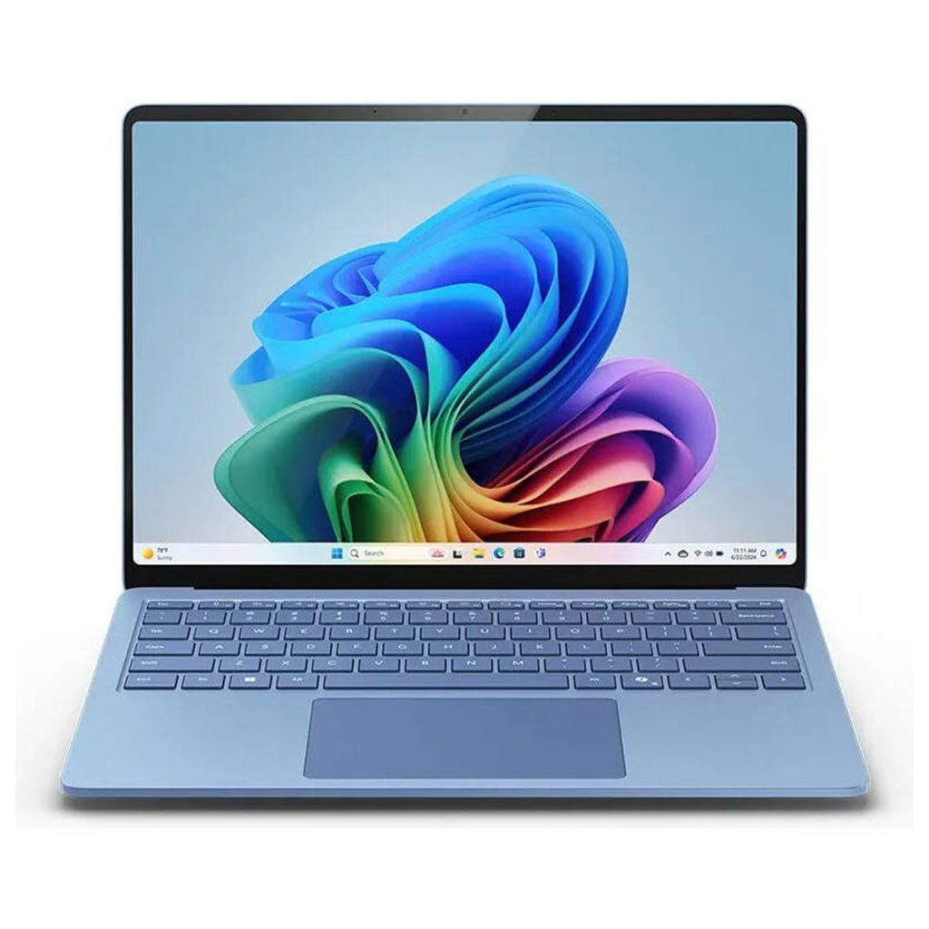 Front view of Microsoft Surface Laptop 7 13.8-inch in Sapphire, open and displaying HDR touch screen.