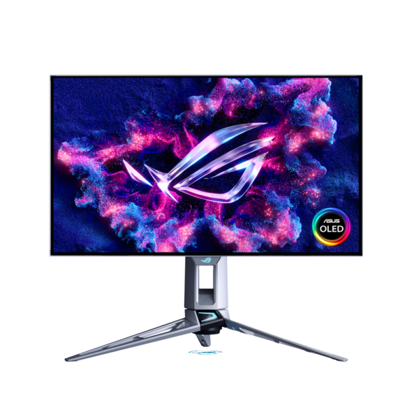 Front view of ASUS ROG Swift OLED PG27AQWP-W 27-inch QHD WOLED gaming monitor displaying the screen.