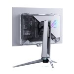 Back-left angled view of ASUS ROG Swift OLED PG27AQWP-W gaming monitor showing rear design and stand.