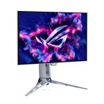 Left side view of ASUS ROG Swift OLED PG27AQWP-W gaming monitor showing slim white design and stand.