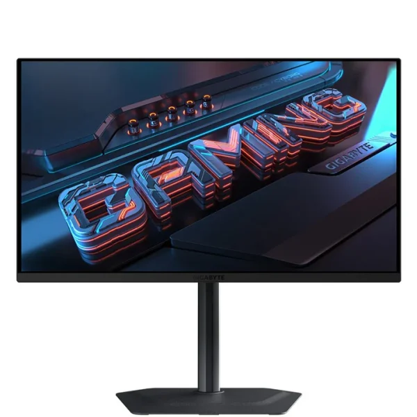 Front view of GIGABYTE MO27Q2 27-inch QHD QD-OLED gaming monitor in black, showing the display screen.