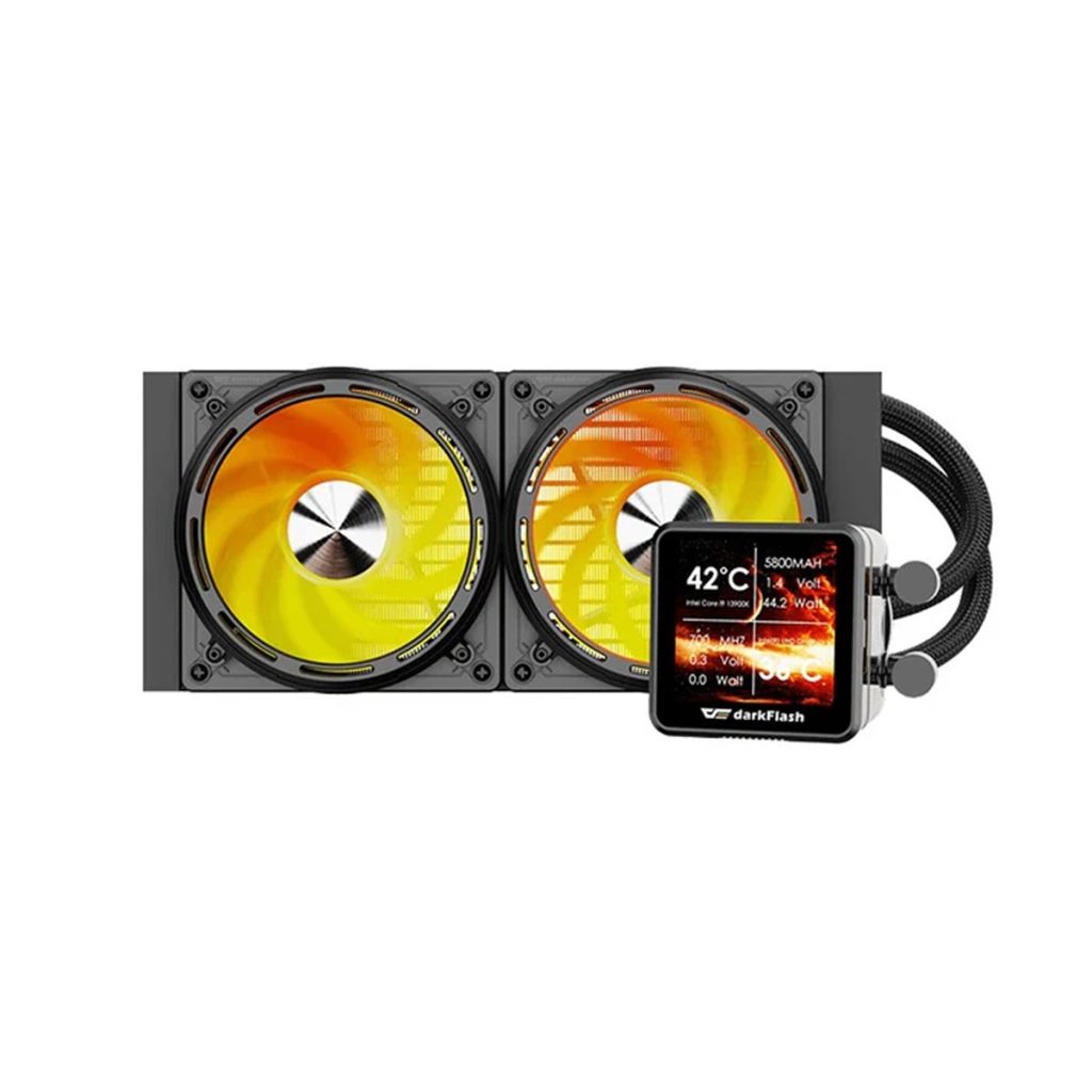 DarkFlash EXPLORE DE240 black 240mm ARGB AIO liquid CPU cooler with 2.88-inch LCD display and dual cooling fans.
