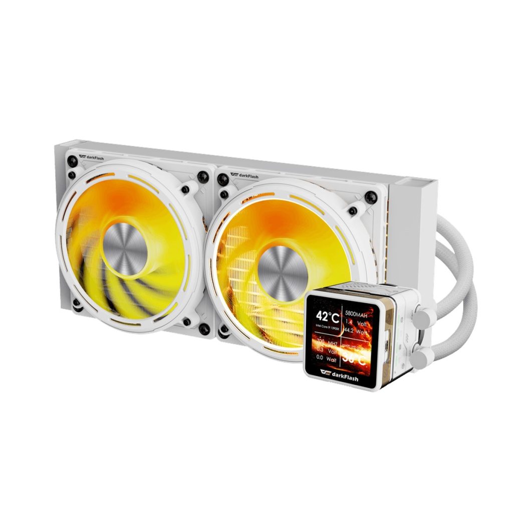 DarkFlash EXPLORE DE240 white 240mm ARGB AIO liquid CPU cooler with 2.88-inch LCD display and dual fans.