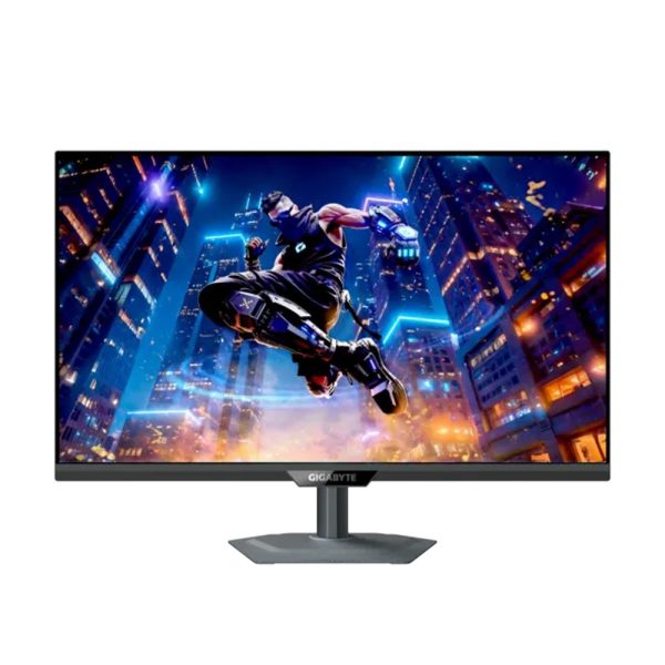 Front view of GIGABYTE M27Q2 QD 27-inch QHD gaming monitor in black, displaying the screen.