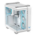 ASUS TUF GT502 Horizon ARGB white gaming PC case with panoramic glass design and RGB lighting.