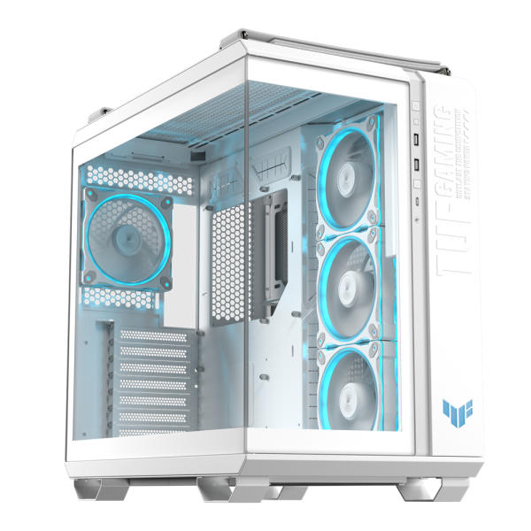 ASUS TUF Gaming GT502 Horizon ARGB white panoramic ATX mid-tower gaming case with tempered glass panels.