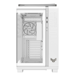 ASUS TUF Gaming GT502 Horizon white mid-tower PC case with panoramic glass panels and RGB lighting.