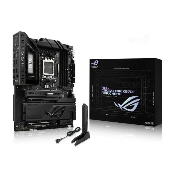 ASUS ROG Crosshair X870E Dark Hero black DDR5 gaming motherboard for AMD AM5 processors with advanced cooling and PCIe 5.0 support.