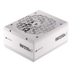 Corsair RM1200x SHIFT 1200W white fully modular ATX power supply with 80 Plus Gold efficiency and PCIe Gen 5 support.